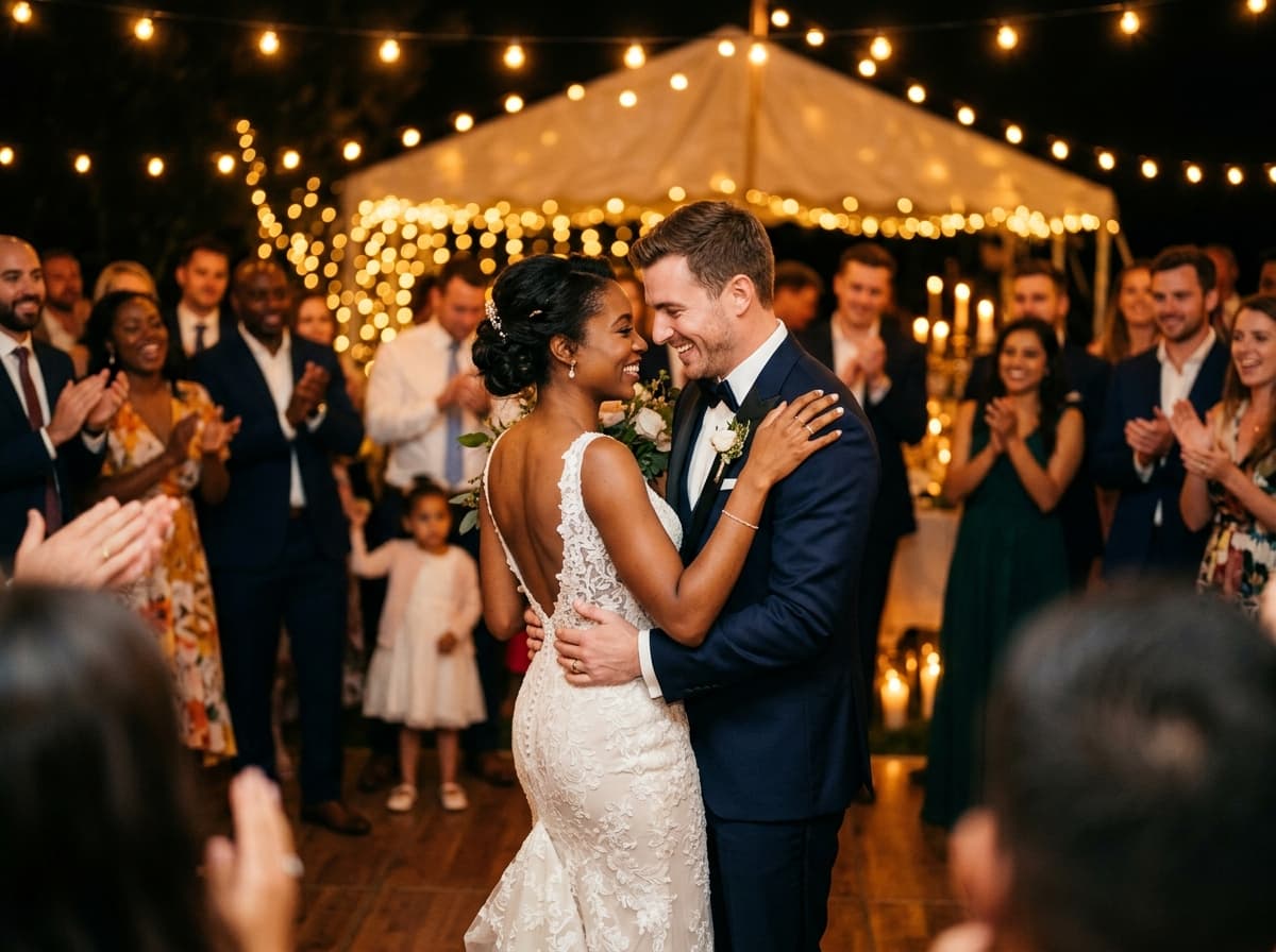 Couple sharing vows under floral arch